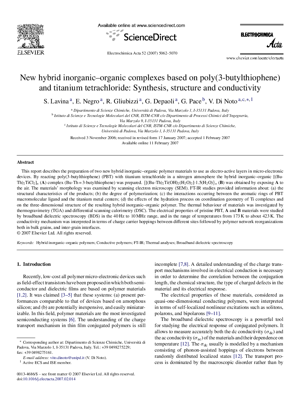 New hybrid inorganic–organic complexes based on poly(3-butylthiophene) and titanium tetrachloride: Synthesis, structure and conductivity