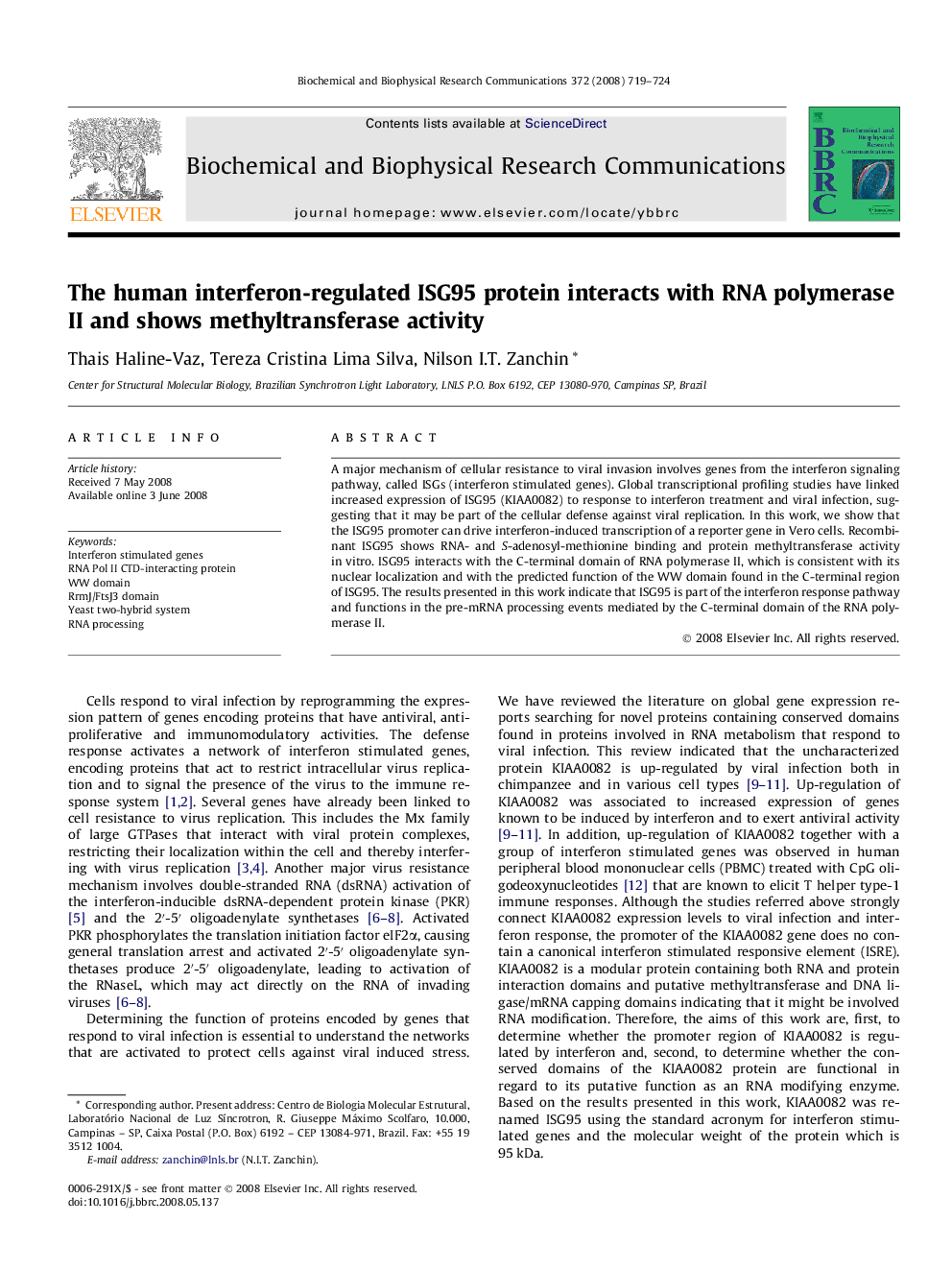 The human interferon-regulated ISG95 protein interacts with RNA polymerase II and shows methyltransferase activity