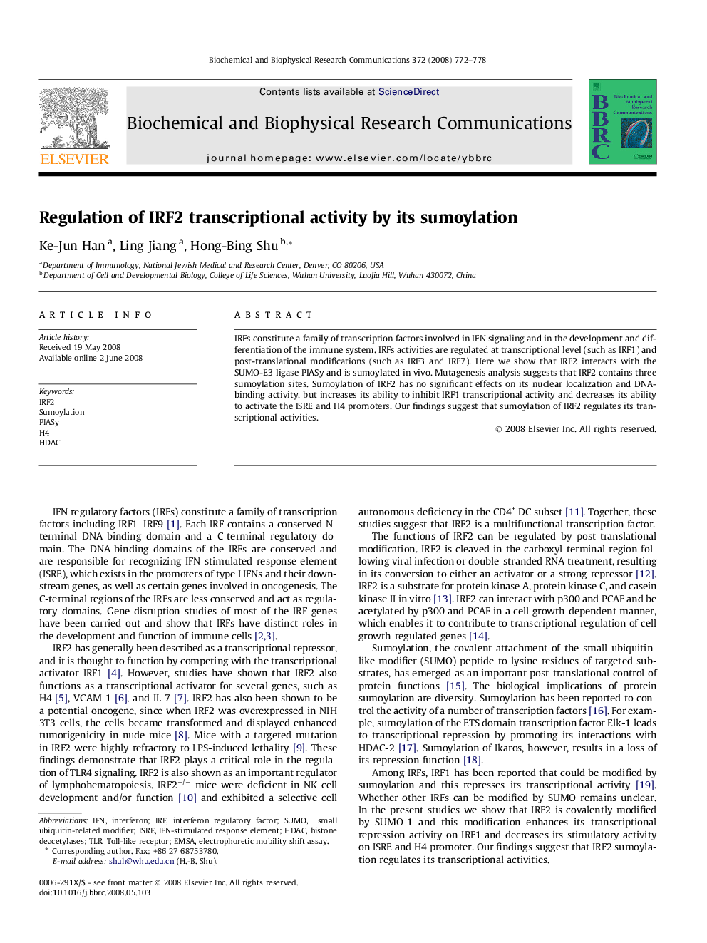 Regulation of IRF2 transcriptional activity by its sumoylation