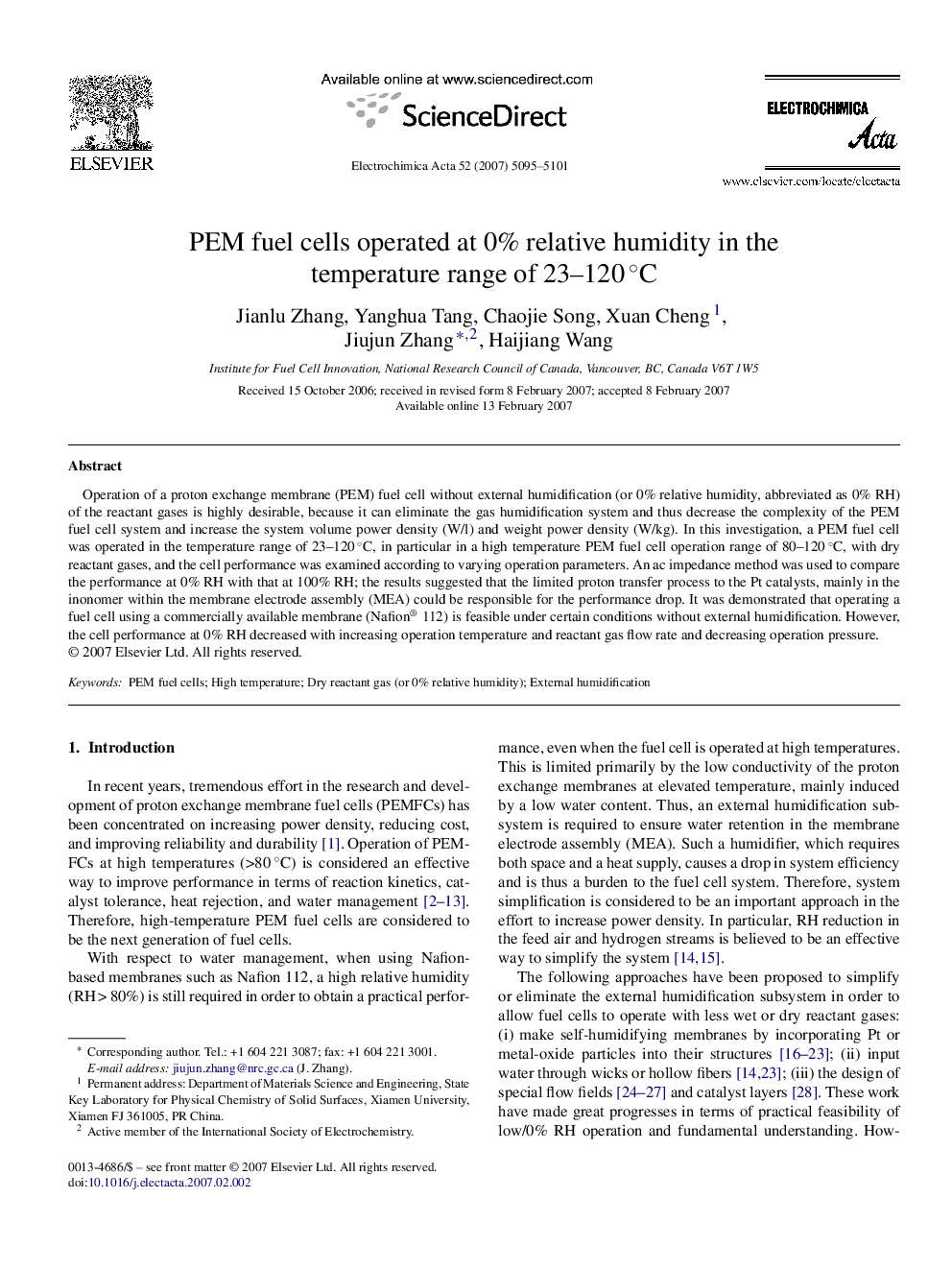 PEM fuel cells operated at 0% relative humidity in the temperature range of 23–120 °C