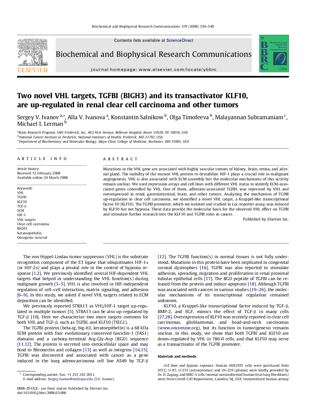 Two novel VHL targets, TGFBI (BIGH3) and its transactivator KLF10, are up-regulated in renal clear cell carcinoma and other tumors