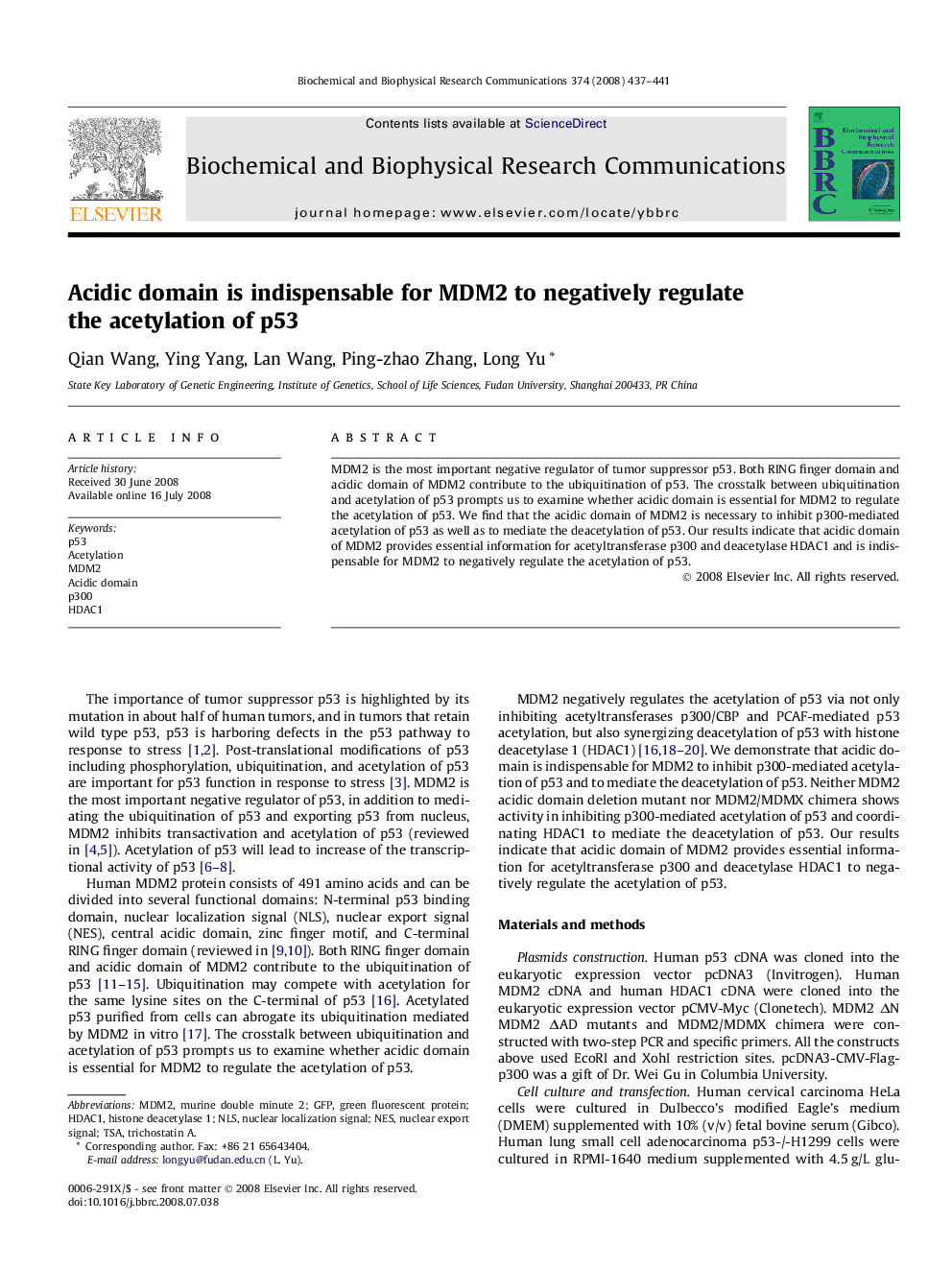 Acidic domain is indispensable for MDM2 to negatively regulate the acetylation of p53