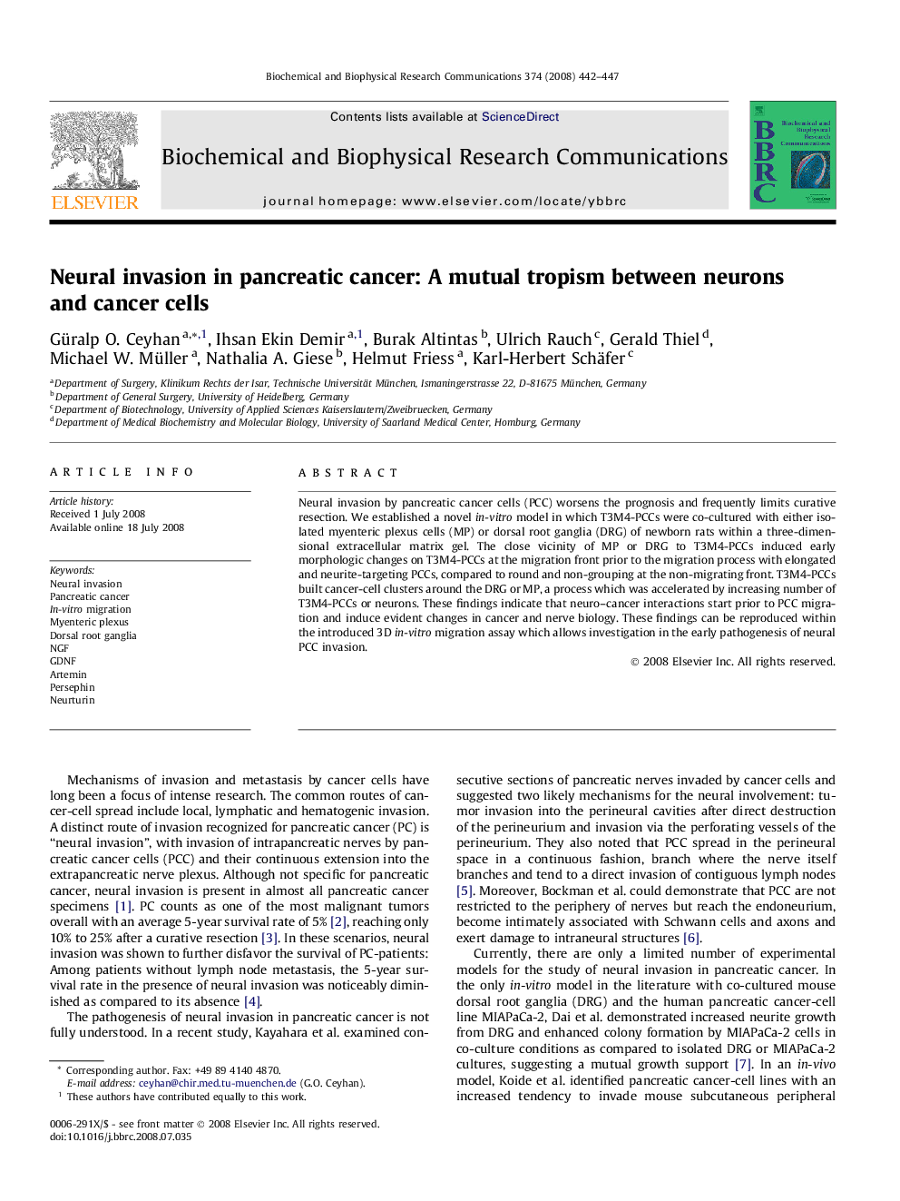 Neural invasion in pancreatic cancer: A mutual tropism between neurons and cancer cells