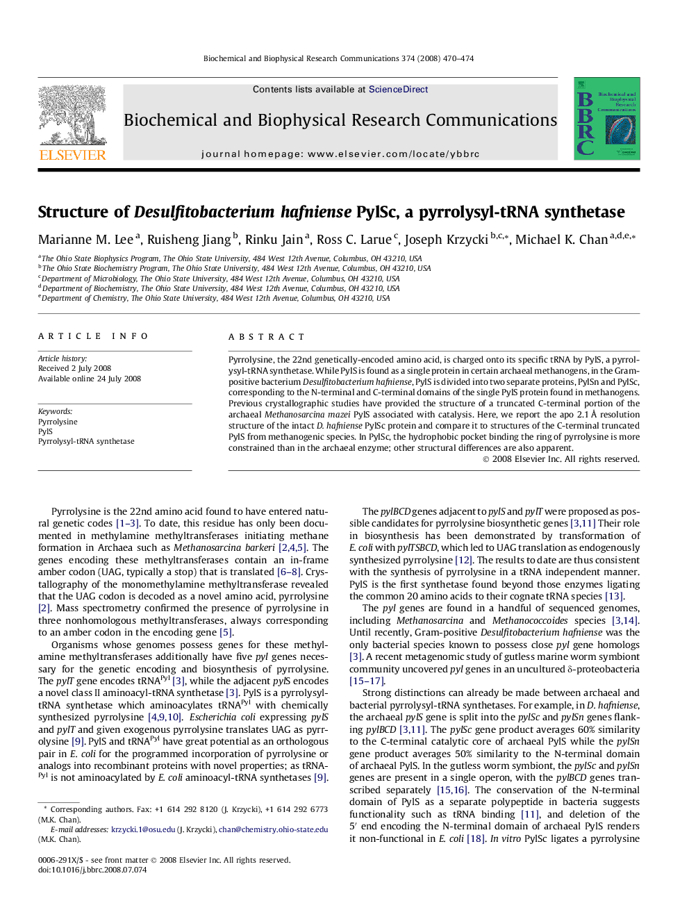 Structure of Desulfitobacterium hafniense PylSc, a pyrrolysyl-tRNA synthetase