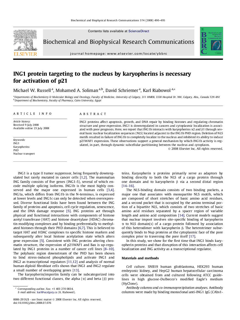 ING1 protein targeting to the nucleus by karyopherins is necessary for activation of p21