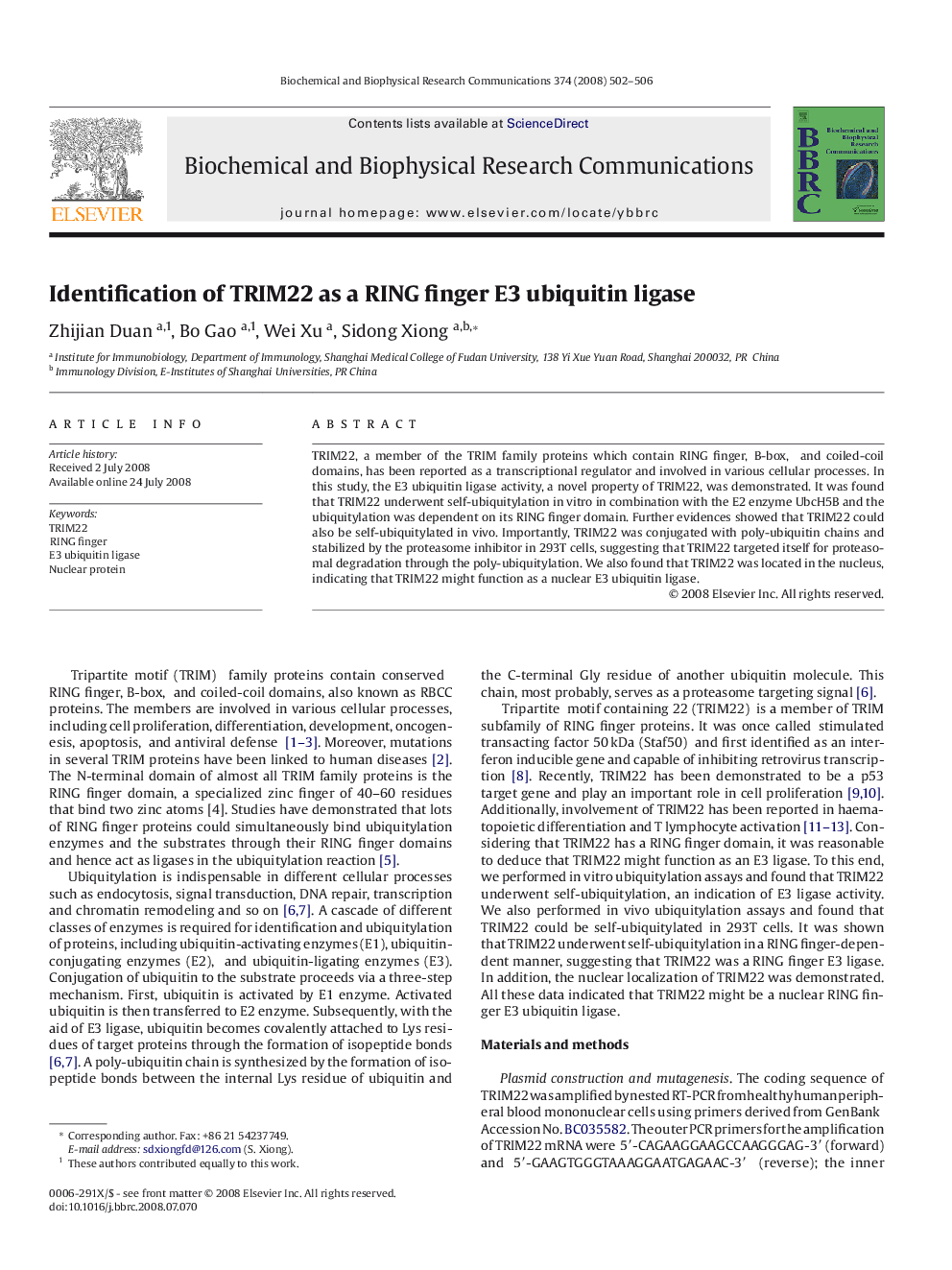 Identification of TRIM22 as a RING finger E3 ubiquitin ligase