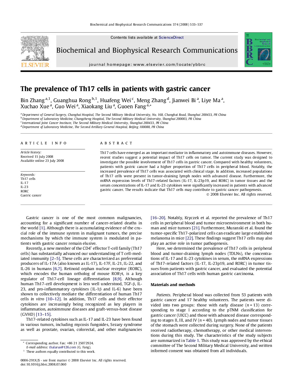 The prevalence of Th17 cells in patients with gastric cancer