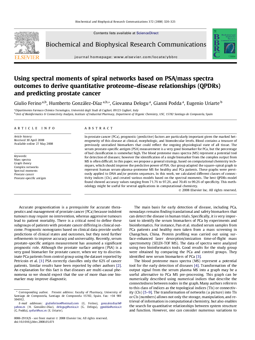 Using spectral moments of spiral networks based on PSA/mass spectra outcomes to derive quantitative proteome–disease relationships (QPDRs) and predicting prostate cancer