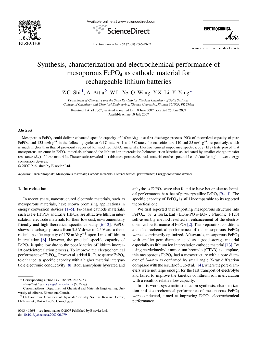 Synthesis, characterization and electrochemical performance of mesoporous FePO4 as cathode material for rechargeable lithium batteries