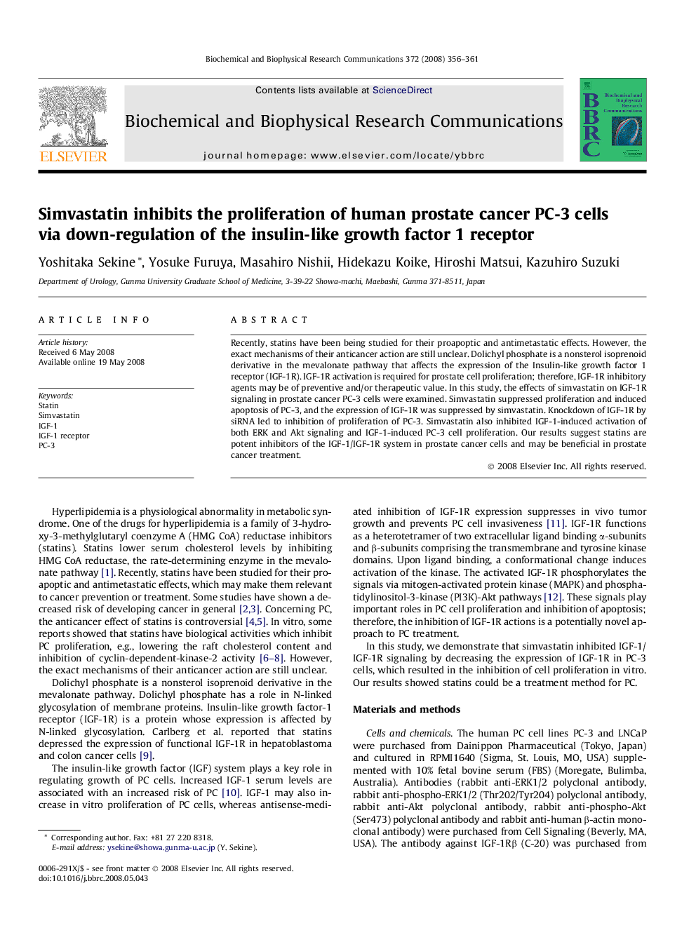 Simvastatin inhibits the proliferation of human prostate cancer PC-3 cells via down-regulation of the insulin-like growth factor 1 receptor