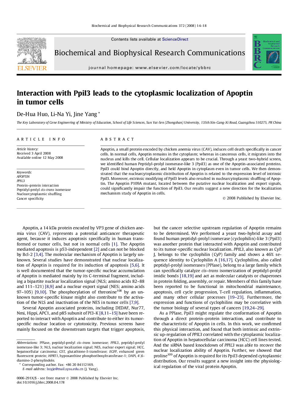 Interaction with Ppil3 leads to the cytoplasmic localization of Apoptin in tumor cells