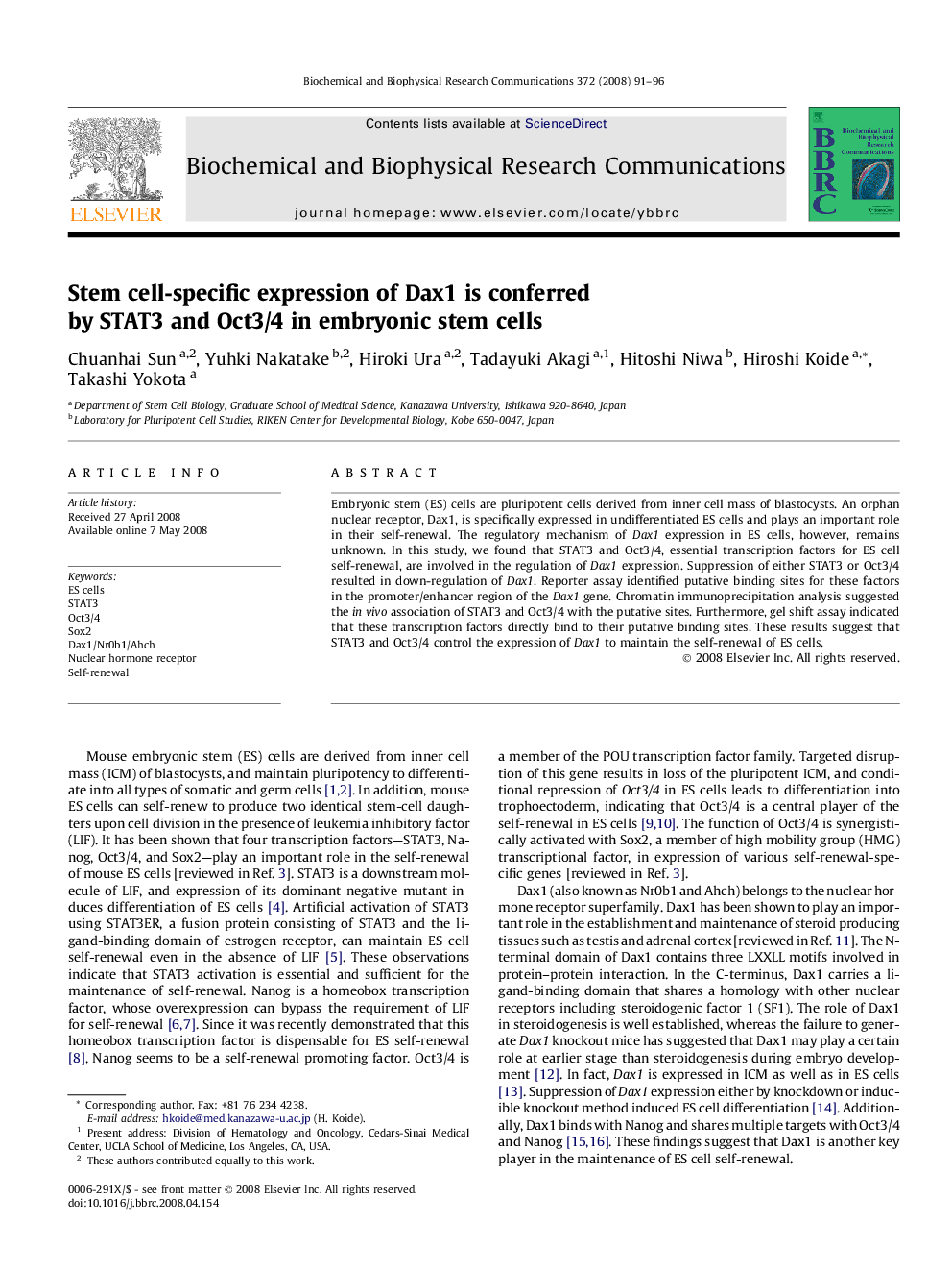 Stem cell-specific expression of Dax1 is conferred by STAT3 and Oct3/4 in embryonic stem cells