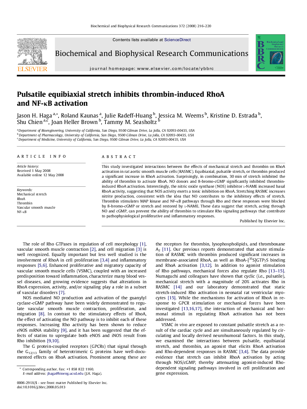 Pulsatile equibiaxial stretch inhibits thrombin-induced RhoA and NF-κB activation