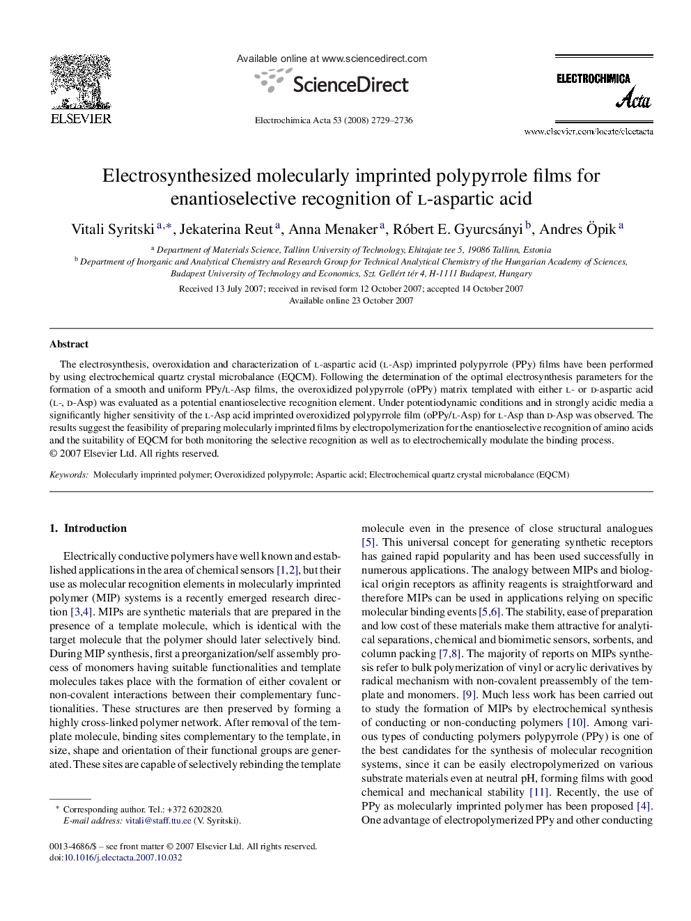 Electrosynthesized molecularly imprinted polypyrrole films for enantioselective recognition of l-aspartic acid