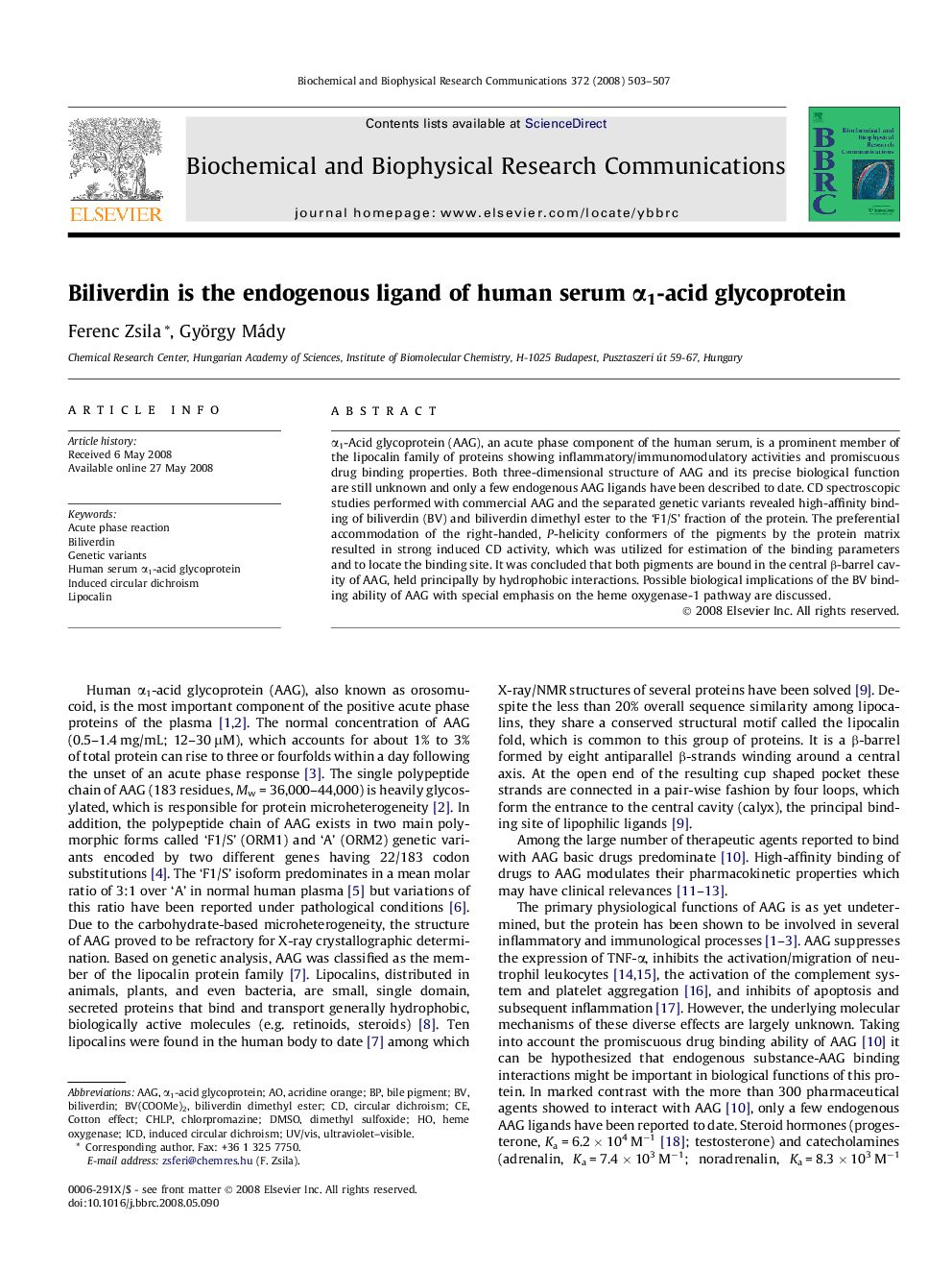 Biliverdin is the endogenous ligand of human serum Î±1-acid glycoprotein