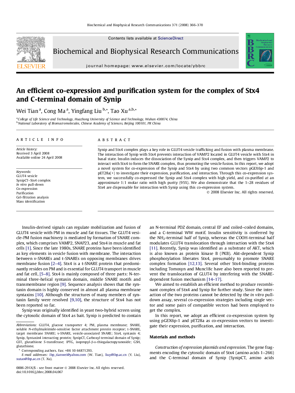 An efficient co-expression and purification system for the complex of Stx4 and C-terminal domain of Synip