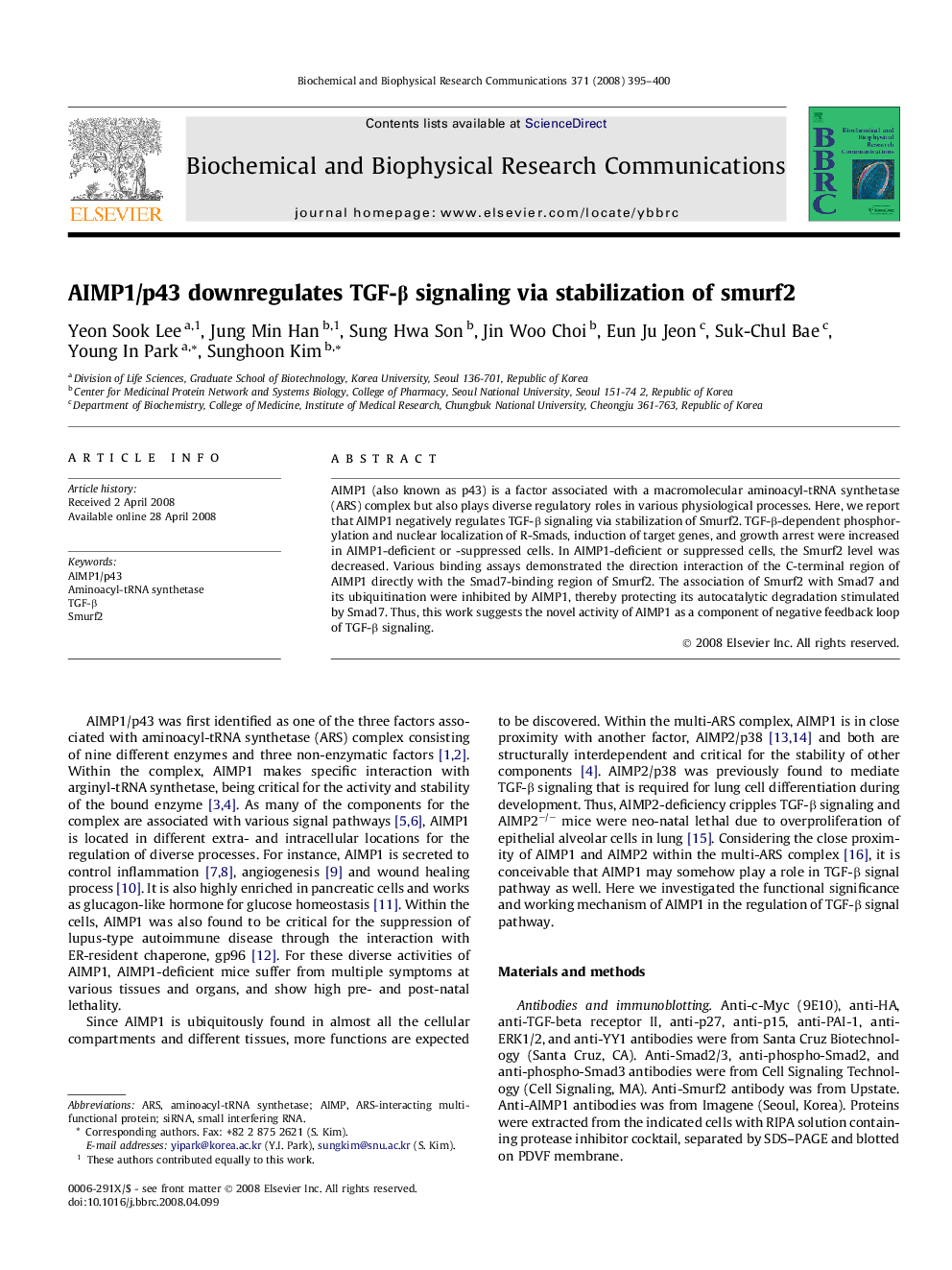 AIMP1/p43 downregulates TGF-β signaling via stabilization of smurf2