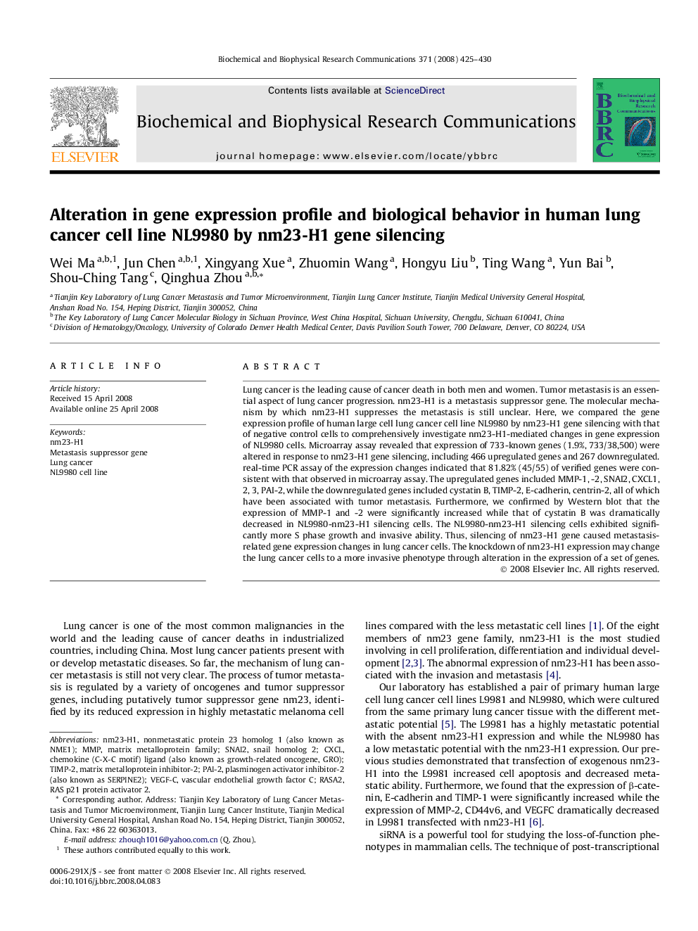 Alteration in gene expression profile and biological behavior in human lung cancer cell line NL9980 by nm23-H1 gene silencing