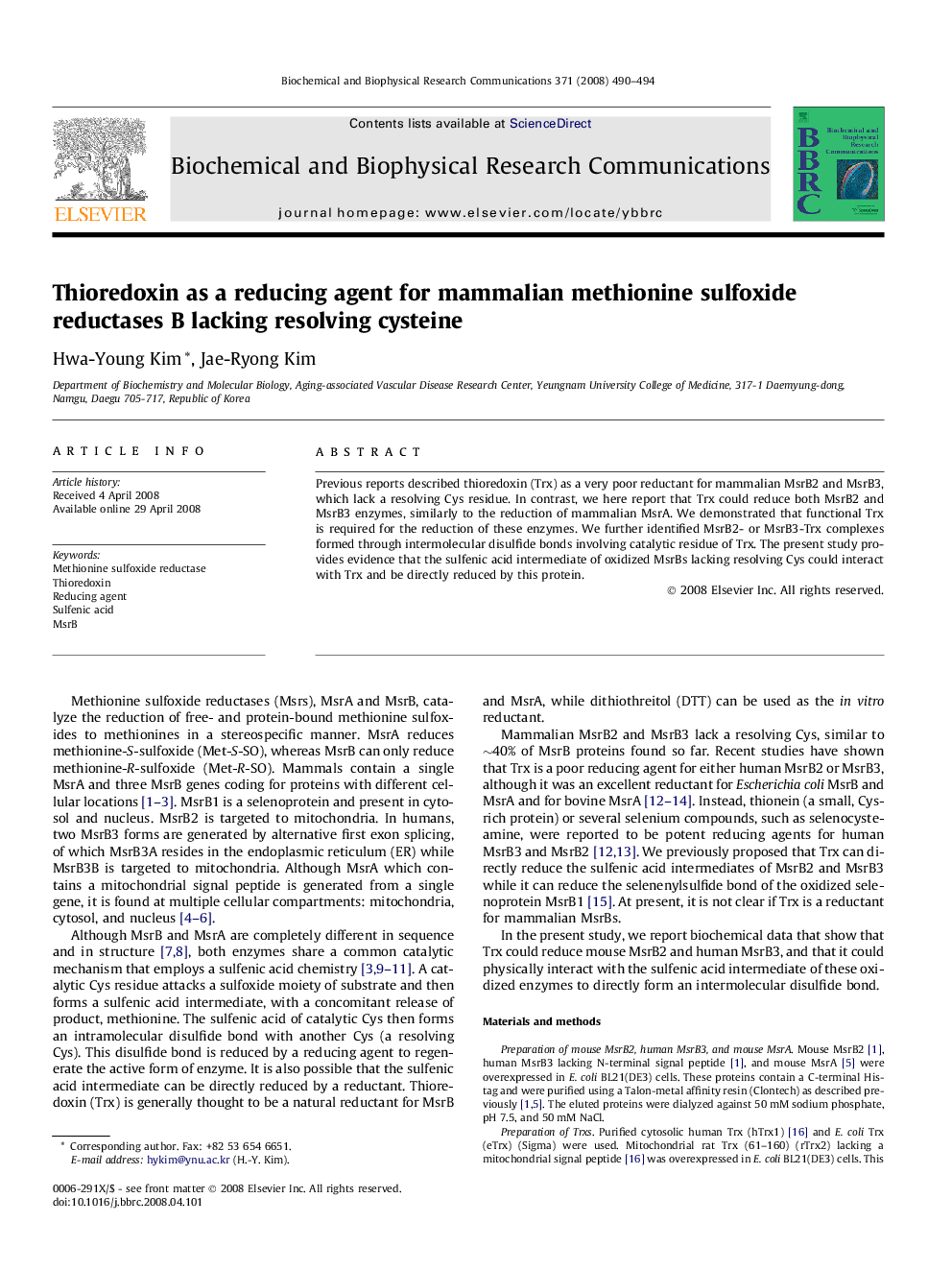 Thioredoxin as a reducing agent for mammalian methionine sulfoxide reductases B lacking resolving cysteine