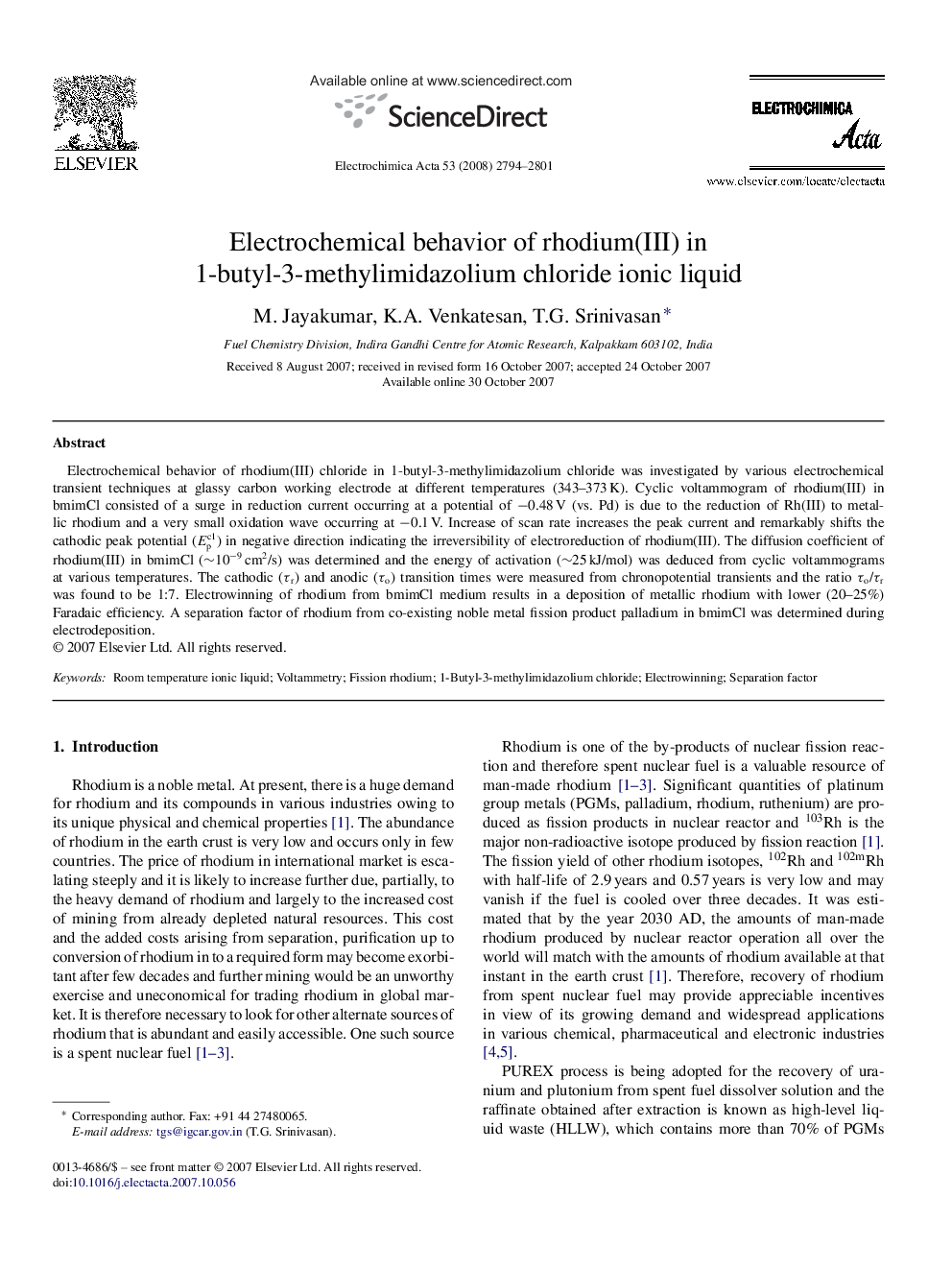 Electrochemical behavior of rhodium(III) in 1-butyl-3-methylimidazolium chloride ionic liquid