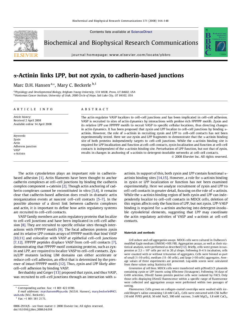 Î±-Actinin links LPP, but not zyxin, to cadherin-based junctions