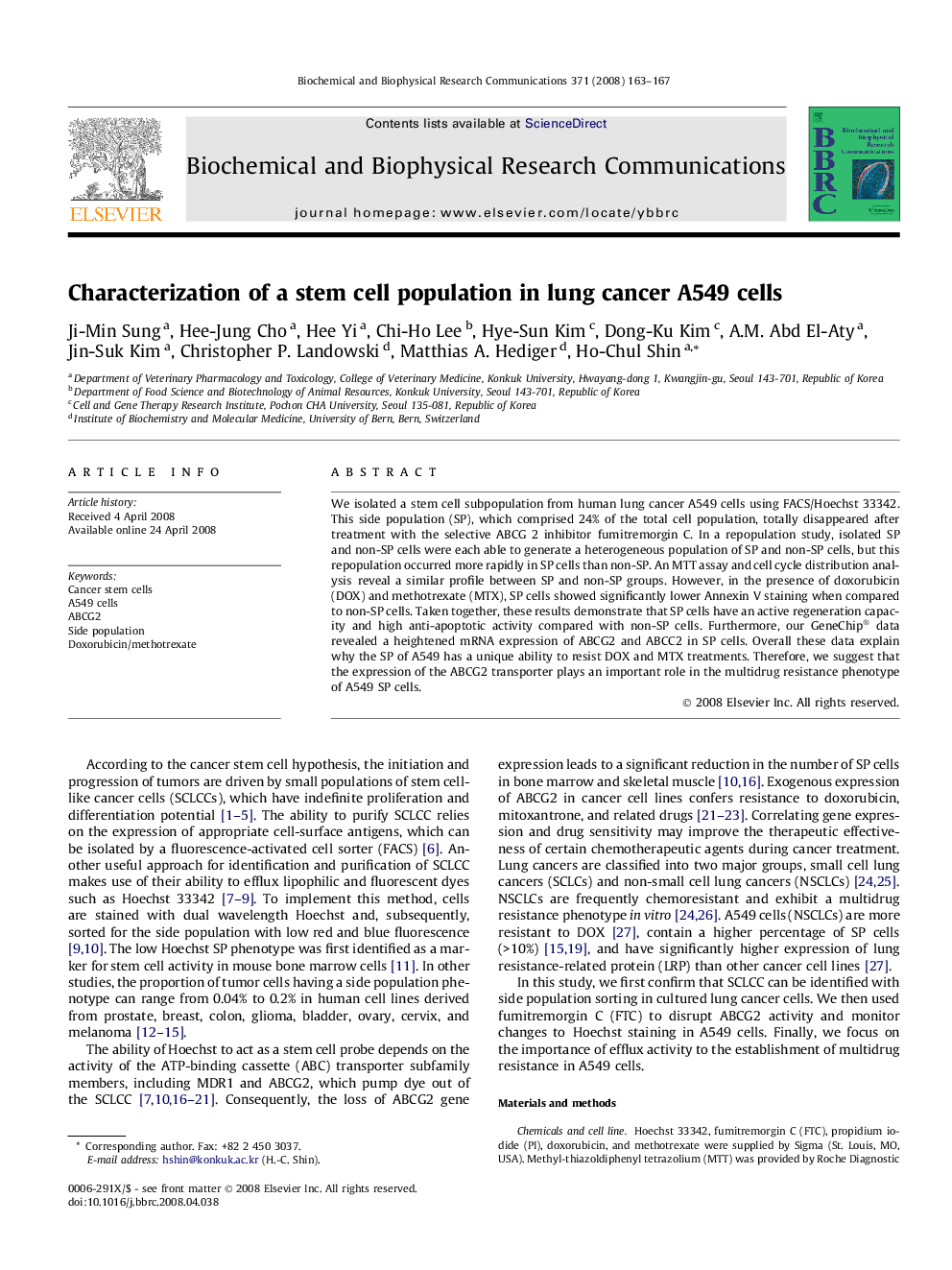 Characterization of a stem cell population in lung cancer A549 cells