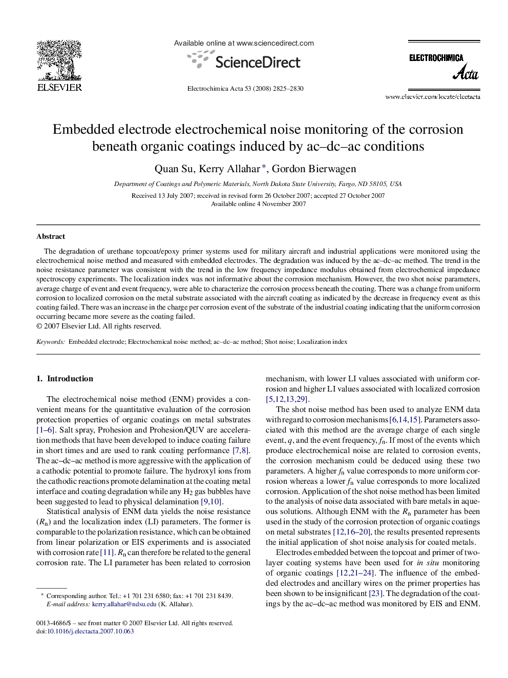 Embedded electrode electrochemical noise monitoring of the corrosion beneath organic coatings induced by ac–dc–ac conditions