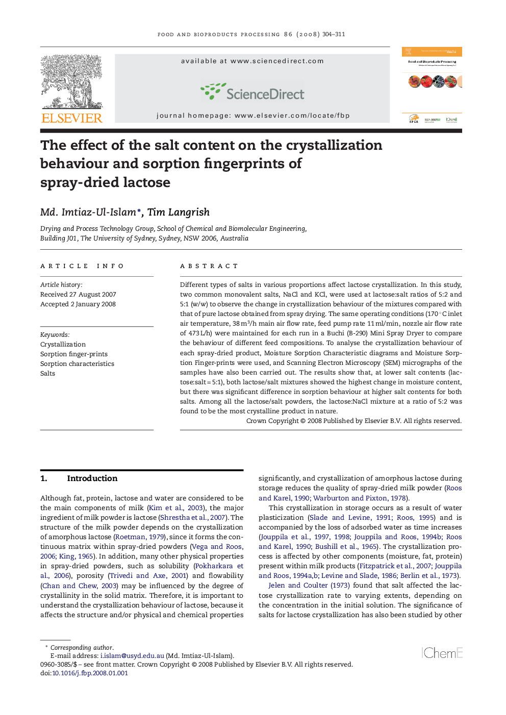 The effect of the salt content on the crystallization behaviour and sorption fingerprints of spray-dried lactose