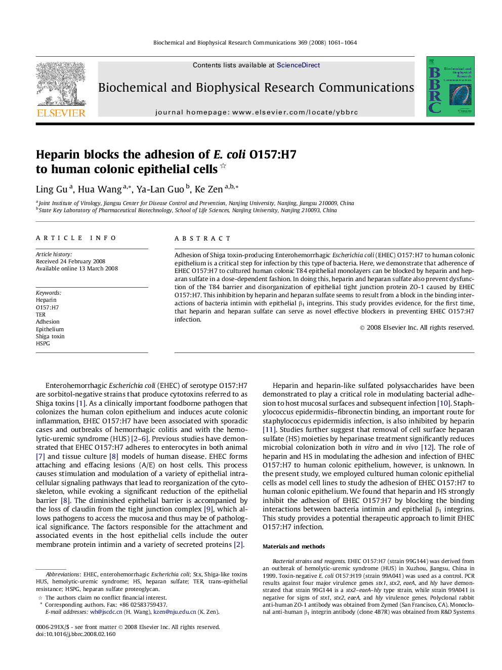 Heparin blocks the adhesion of E. coli O157:H7 to human colonic epithelial cells 