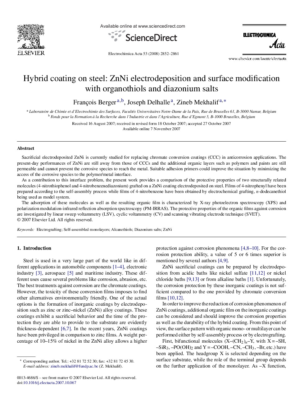 Hybrid coating on steel: ZnNi electrodeposition and surface modification with organothiols and diazonium salts