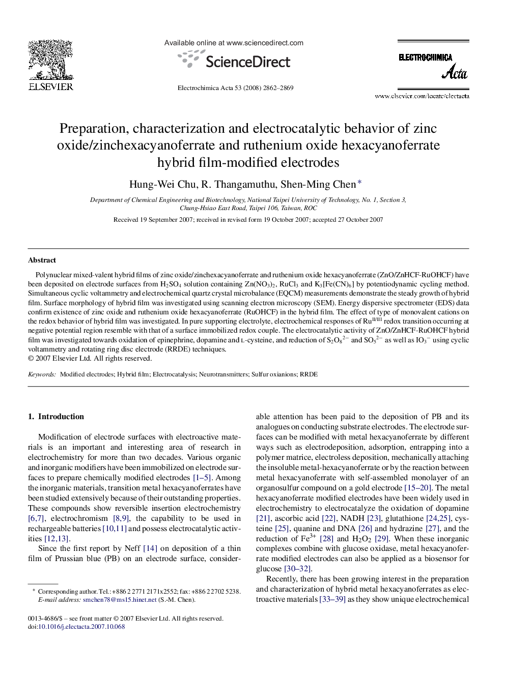 Preparation, characterization and electrocatalytic behavior of zinc oxide/zinchexacyanoferrate and ruthenium oxide hexacyanoferrate hybrid film-modified electrodes