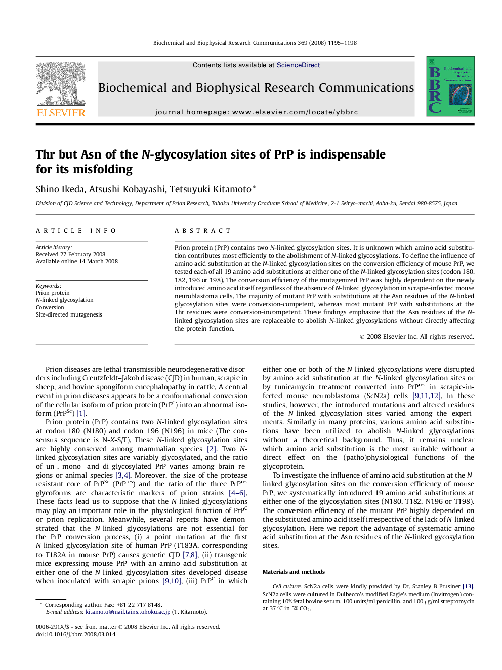 Thr but Asn of the N-glycosylation sites of PrP is indispensable for its misfolding