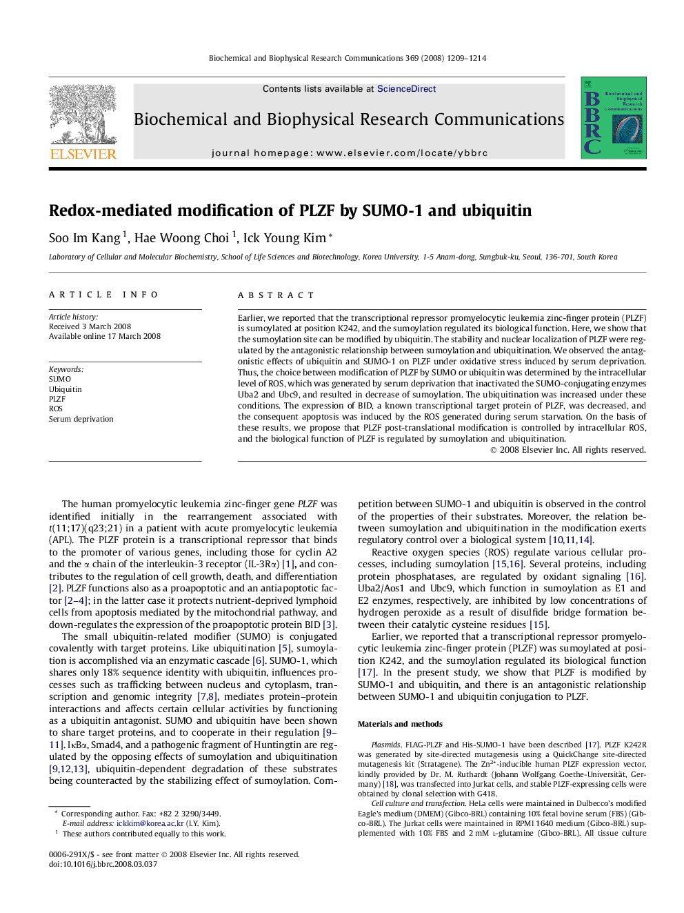 Redox-mediated modification of PLZF by SUMO-1 and ubiquitin