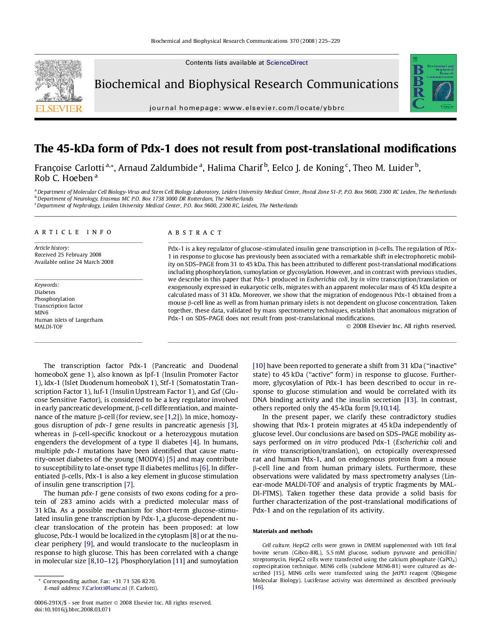 The 45-kDa form of Pdx-1 does not result from post-translational modifications