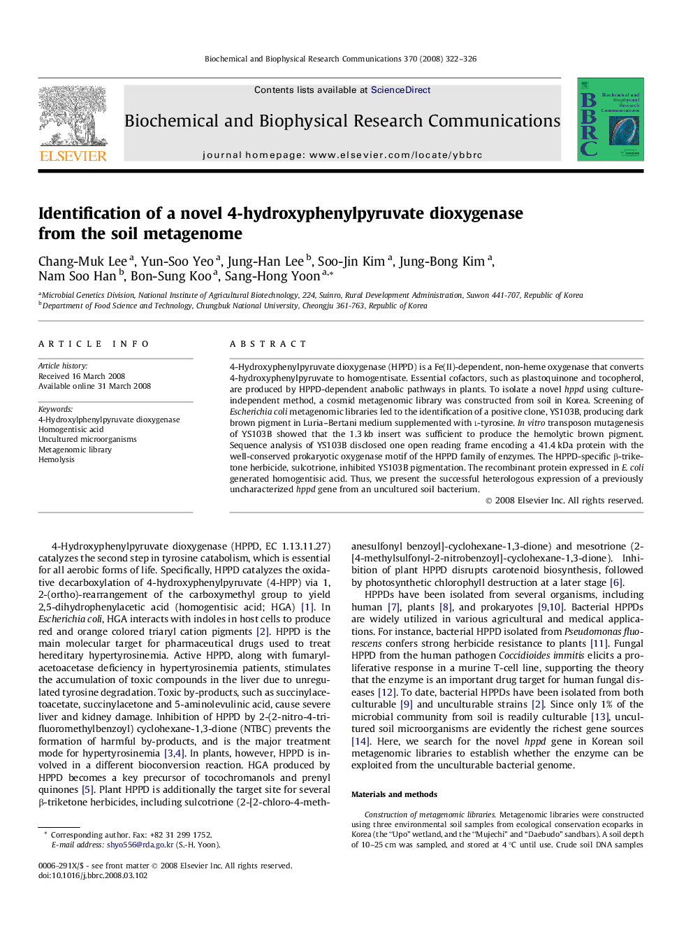 Identification of a novel 4-hydroxyphenylpyruvate dioxygenase from the soil metagenome