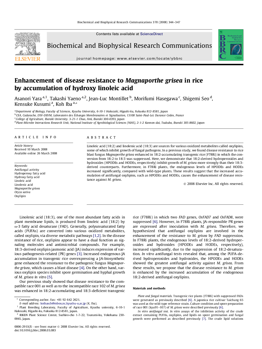 Enhancement of disease resistance to Magnaporthe grisea in rice by accumulation of hydroxy linoleic acid