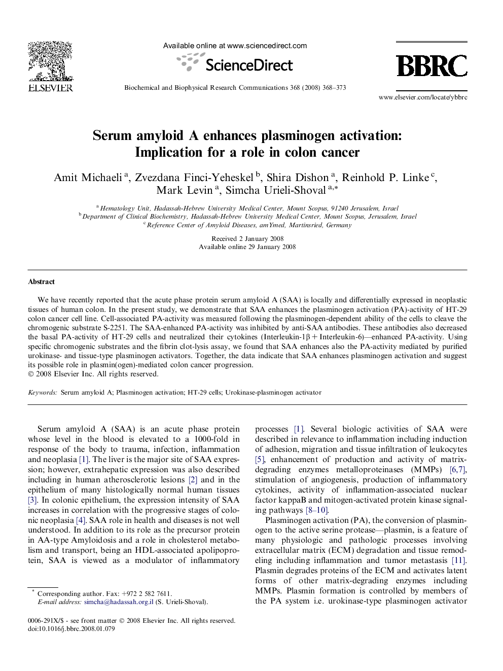 Serum amyloid A enhances plasminogen activation: Implication for a role in colon cancer