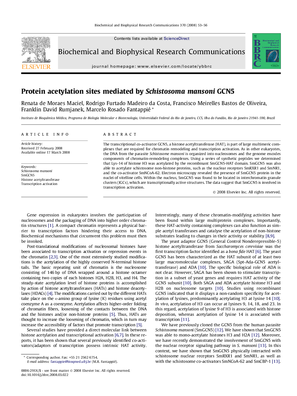 Protein acetylation sites mediated by Schistosoma mansoni GCN5