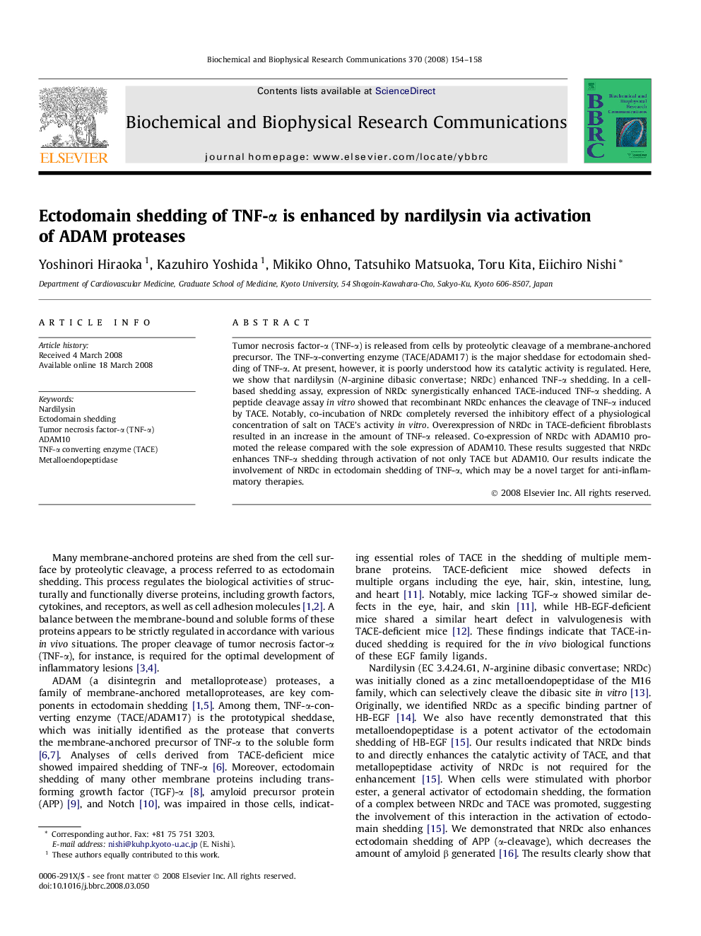 Ectodomain shedding of TNF-α is enhanced by nardilysin via activation of ADAM proteases