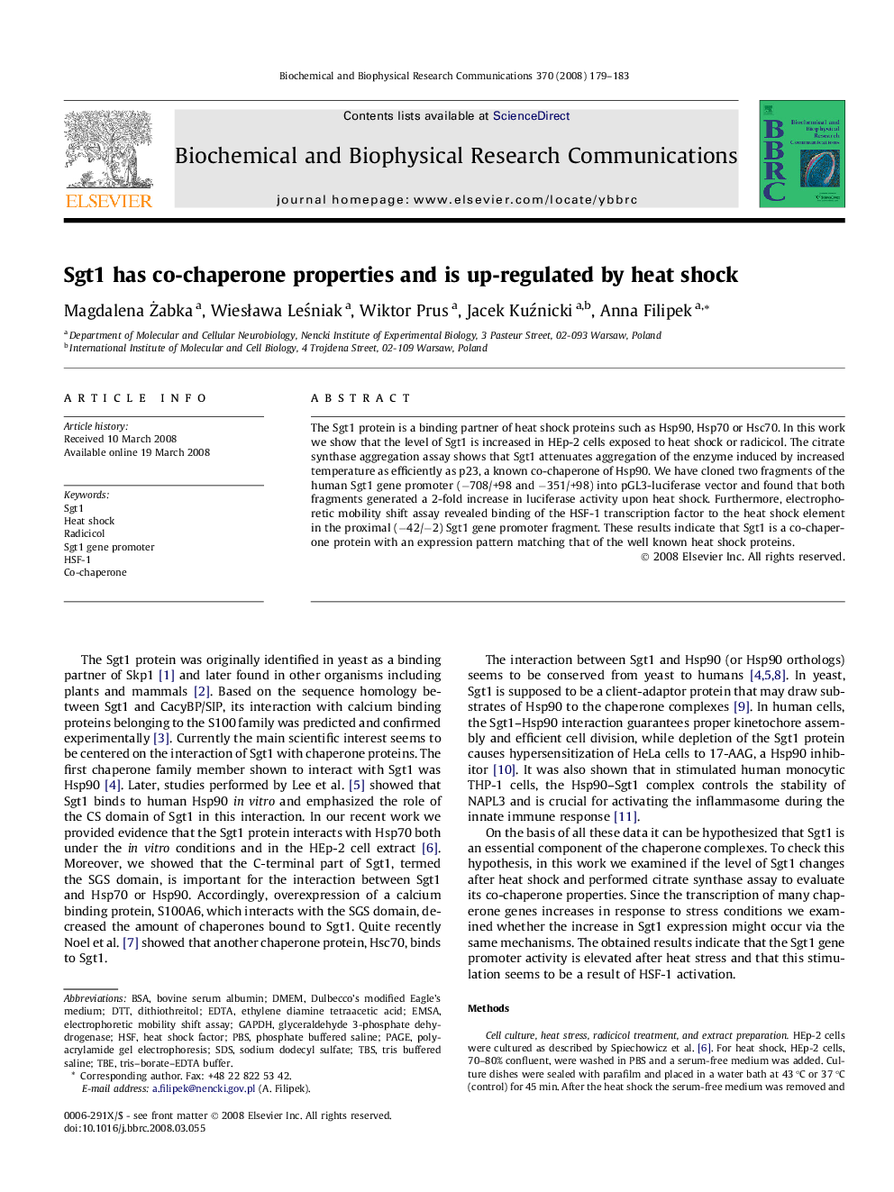 Sgt1 has co-chaperone properties and is up-regulated by heat shock