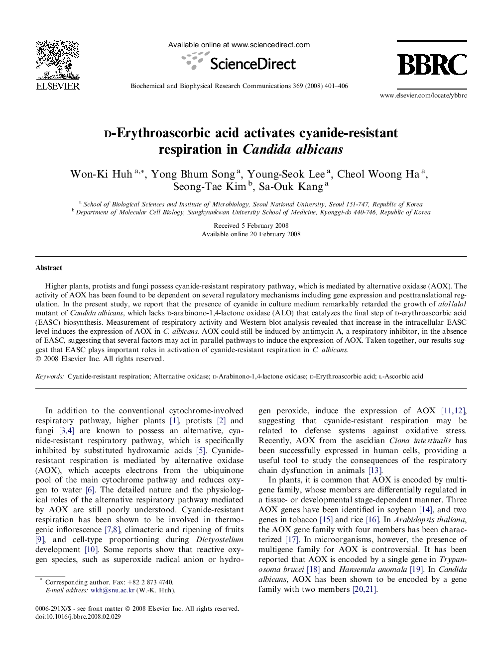 d-Erythroascorbic acid activates cyanide-resistant respiration in Candida albicans