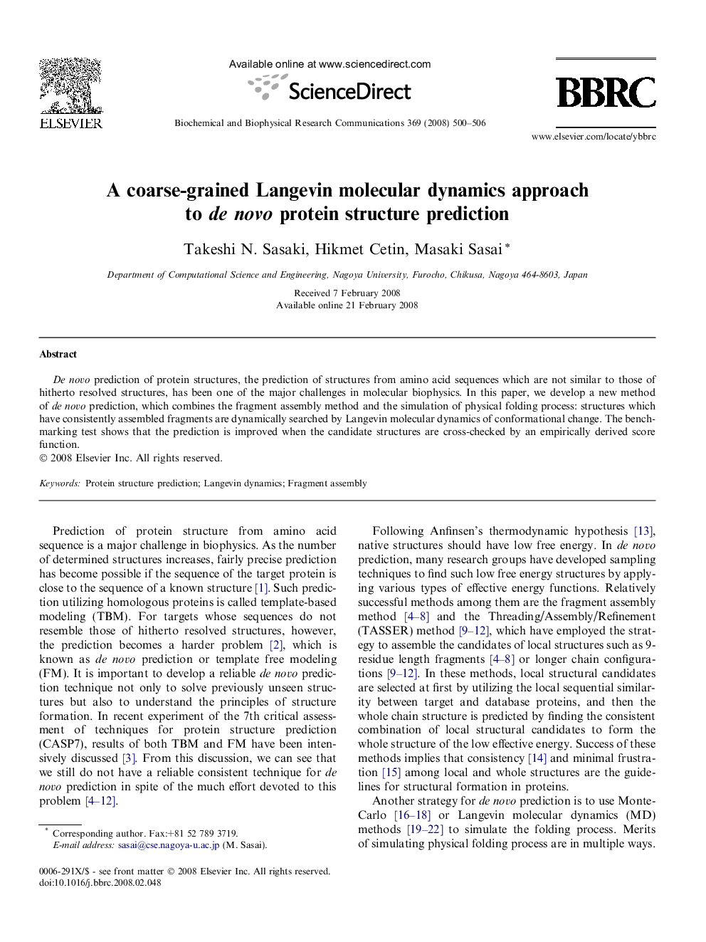 A coarse-grained Langevin molecular dynamics approach to de novo protein structure prediction