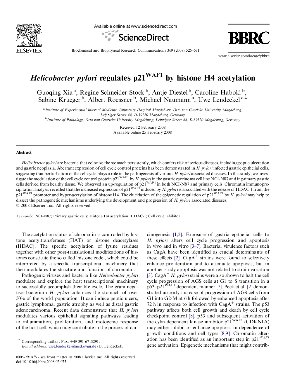 Helicobacter pylori regulates p21WAF1 by histone H4 acetylation