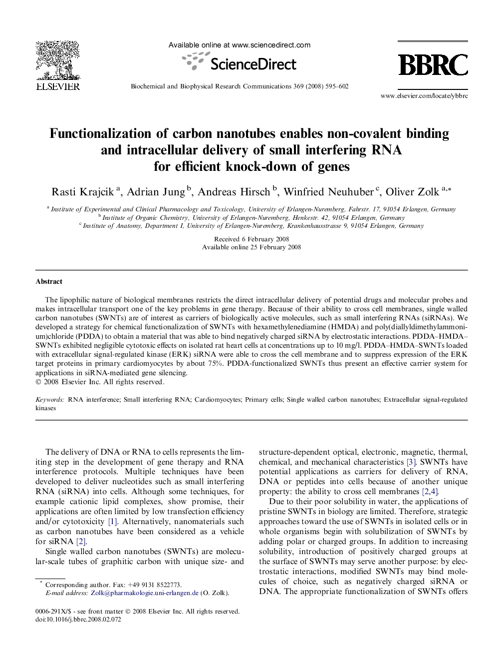 Functionalization of carbon nanotubes enables non-covalent binding and intracellular delivery of small interfering RNA for efficient knock-down of genes