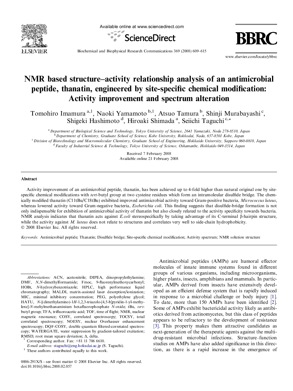 NMR based structure–activity relationship analysis of an antimicrobial peptide, thanatin, engineered by site-specific chemical modification: Activity improvement and spectrum alteration