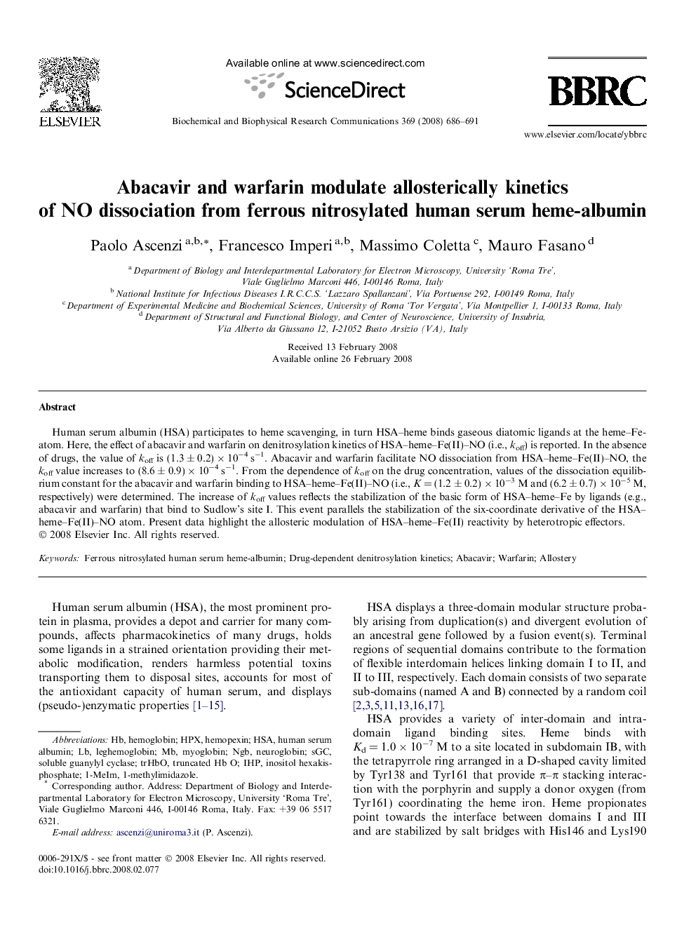 Abacavir and warfarin modulate allosterically kinetics of NO dissociation from ferrous nitrosylated human serum heme-albumin