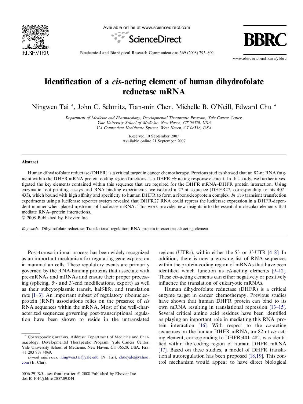 Identification of a cis-acting element of human dihydrofolate reductase mRNA