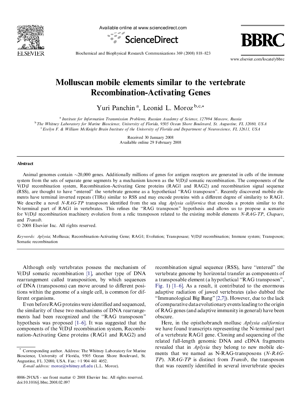 Molluscan mobile elements similar to the vertebrate Recombination-Activating Genes