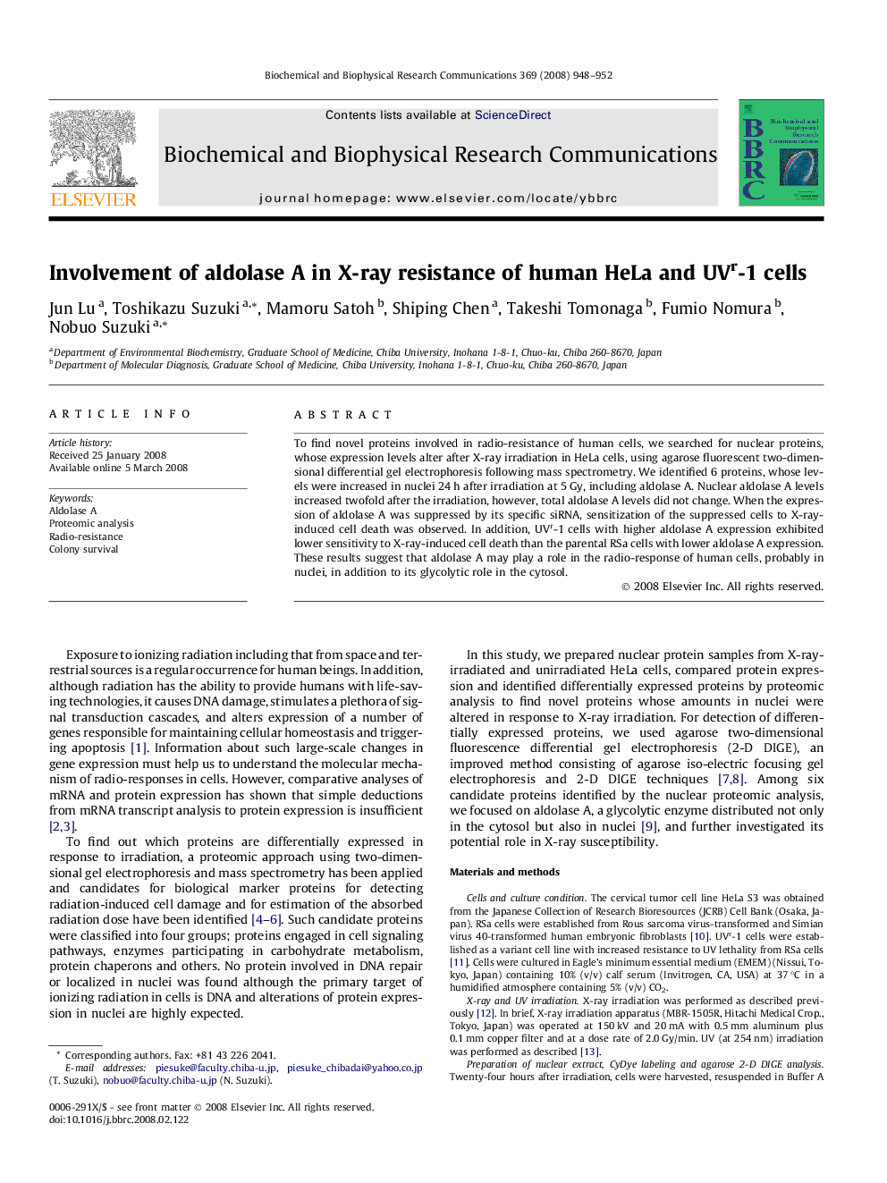 Involvement of aldolase A in X-ray resistance of human HeLa and UVr-1 cells