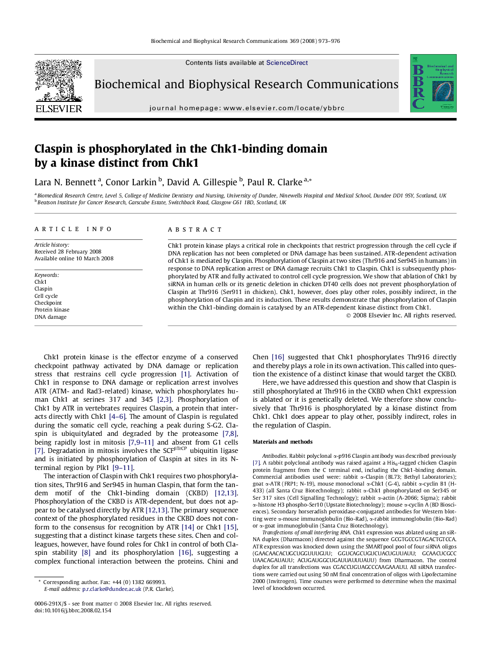 Claspin is phosphorylated in the Chk1-binding domain by a kinase distinct from Chk1